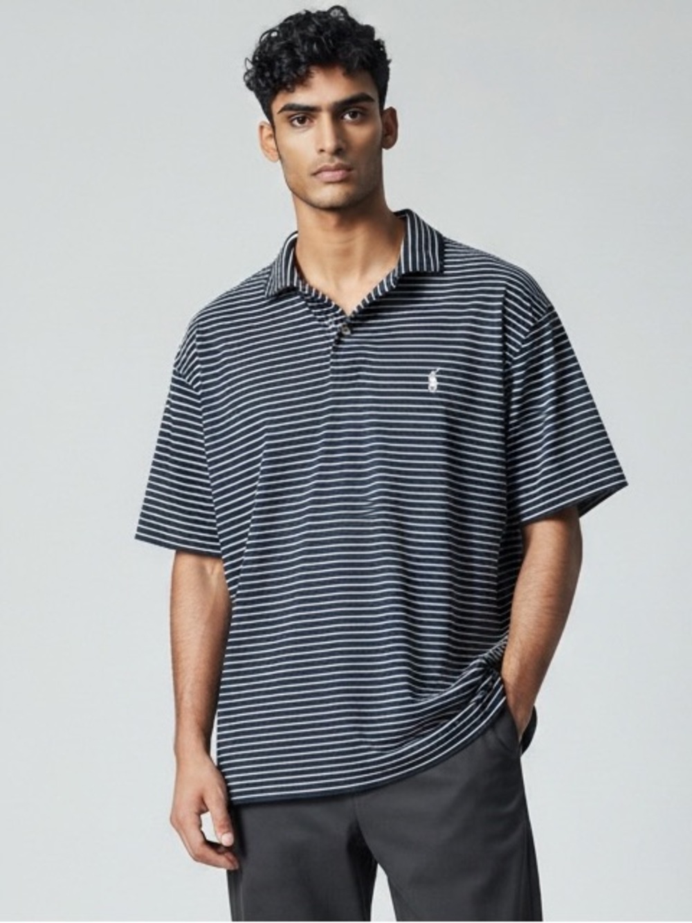 Ralph Lauren Polo Shirt – Men’s Navy Pinstripe | 100% Cotton | Classic Fit | EUC